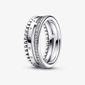 S925 Sterling Silver Pandora Signature Logo Pavé & Beads Ring SIZE 7
